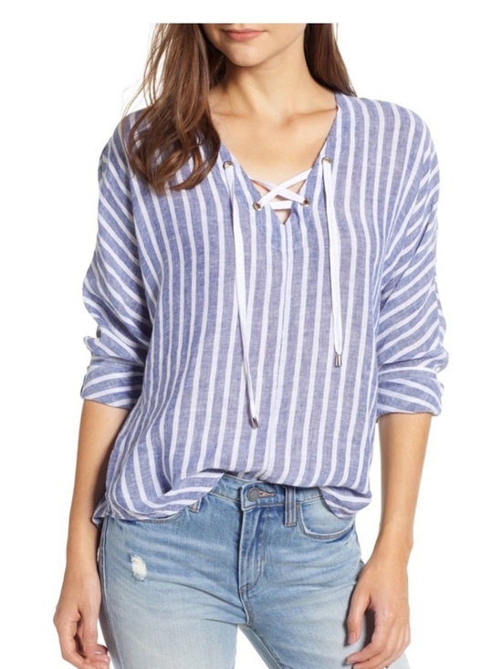 Rails Tops - Rails Striped Lace-Up Tunic in Blue and White x small